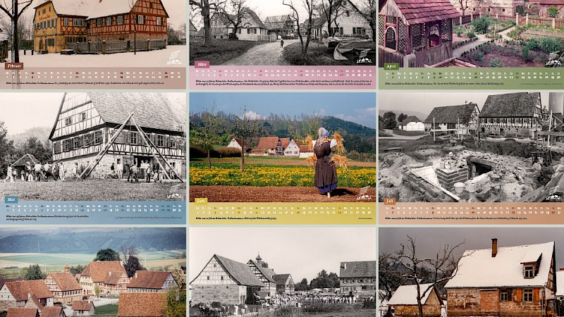 Werbetafel für den Kalender 2023 mit neun Kalenderblättern im Überblick