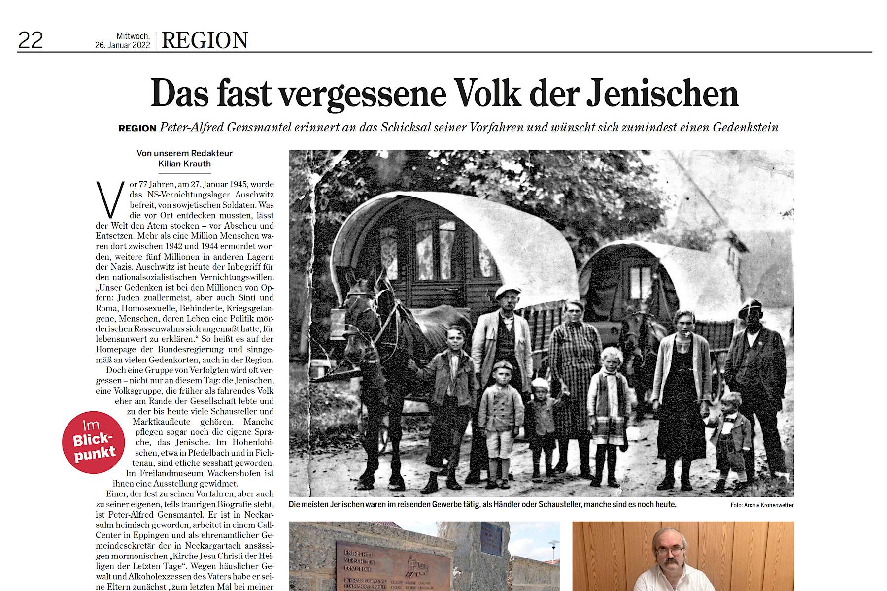 Zeitungsartikel der Heilbronner Stimme vom 26.02.2022 über "Das fast vergessene Volk der Jenischen"