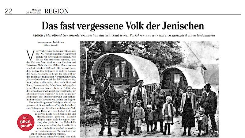 Zeitungsartikel der Heilbronner Stimme vom 26.02.2022 über "Das fast vergessene Volk der Jenischen"